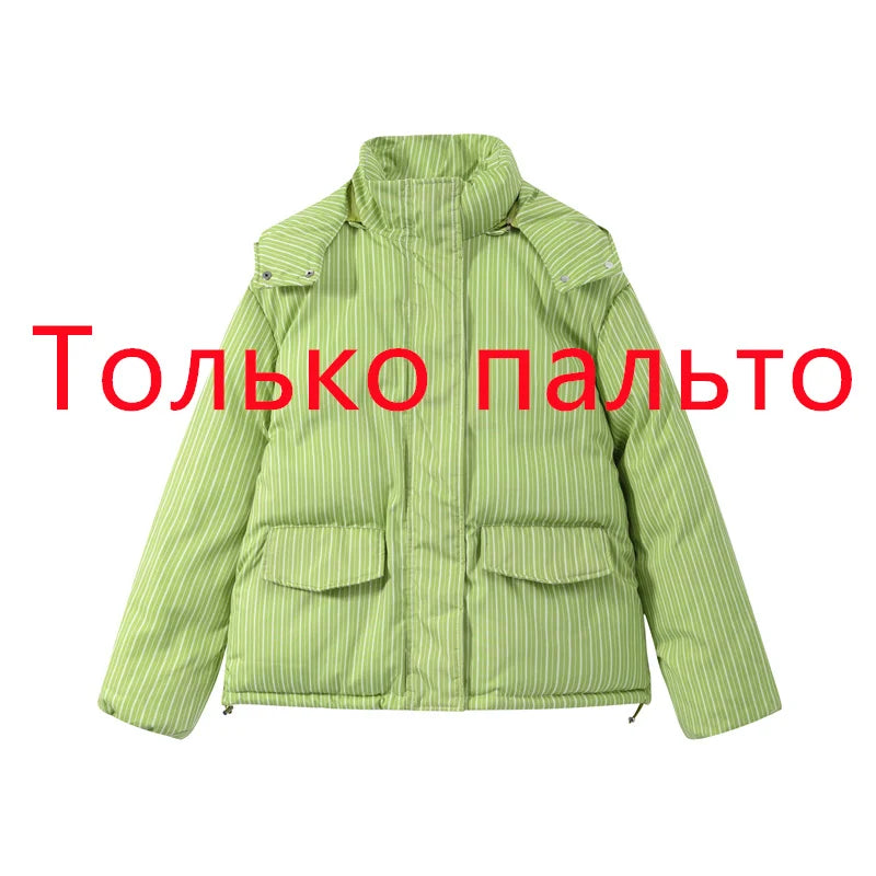 Women’s Winter Printed Coat & Pants 2-Piece Set – Warm Stand Neck Hooded Cotton Jacket with High-Waisted Pants, Chic Casual Outfit