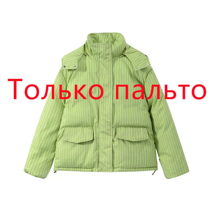 Women’s Winter Printed Coat & Pants 2-Piece Set – Warm Stand Neck Hooded Cotton Jacket with High-Waisted Pants, Chic Casual Outfit