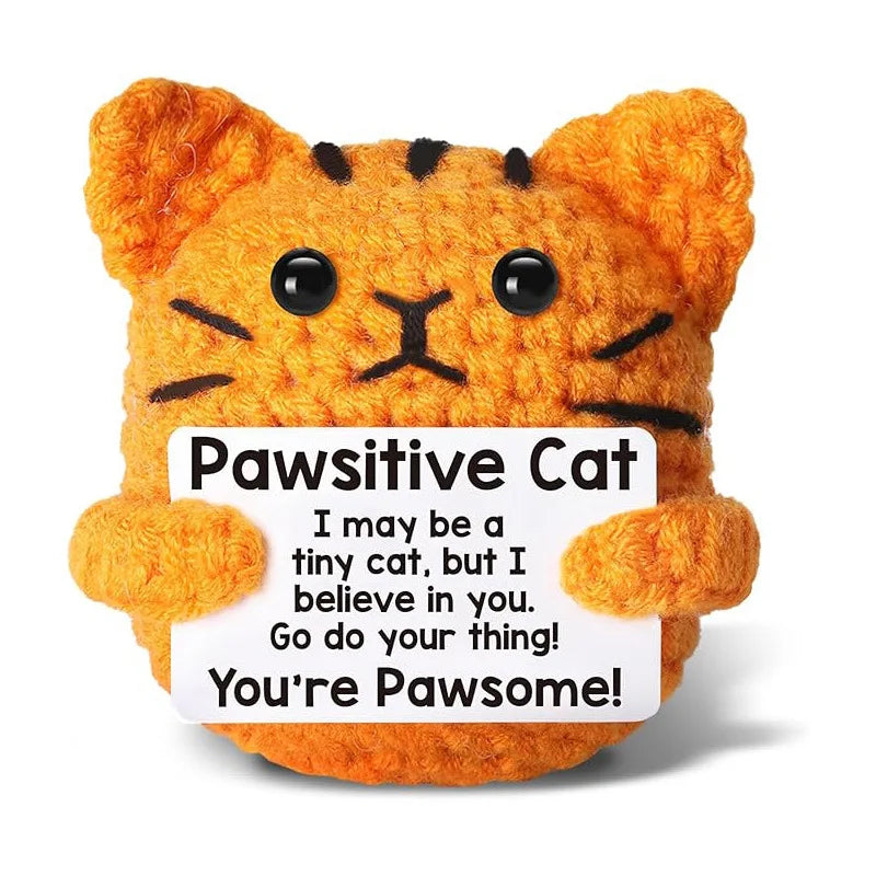 Cute Positive Crochet Cat Doll – Emotional Support Pineapple Desktop Ornament, Inspirational Gift for Women & Cat Lovers