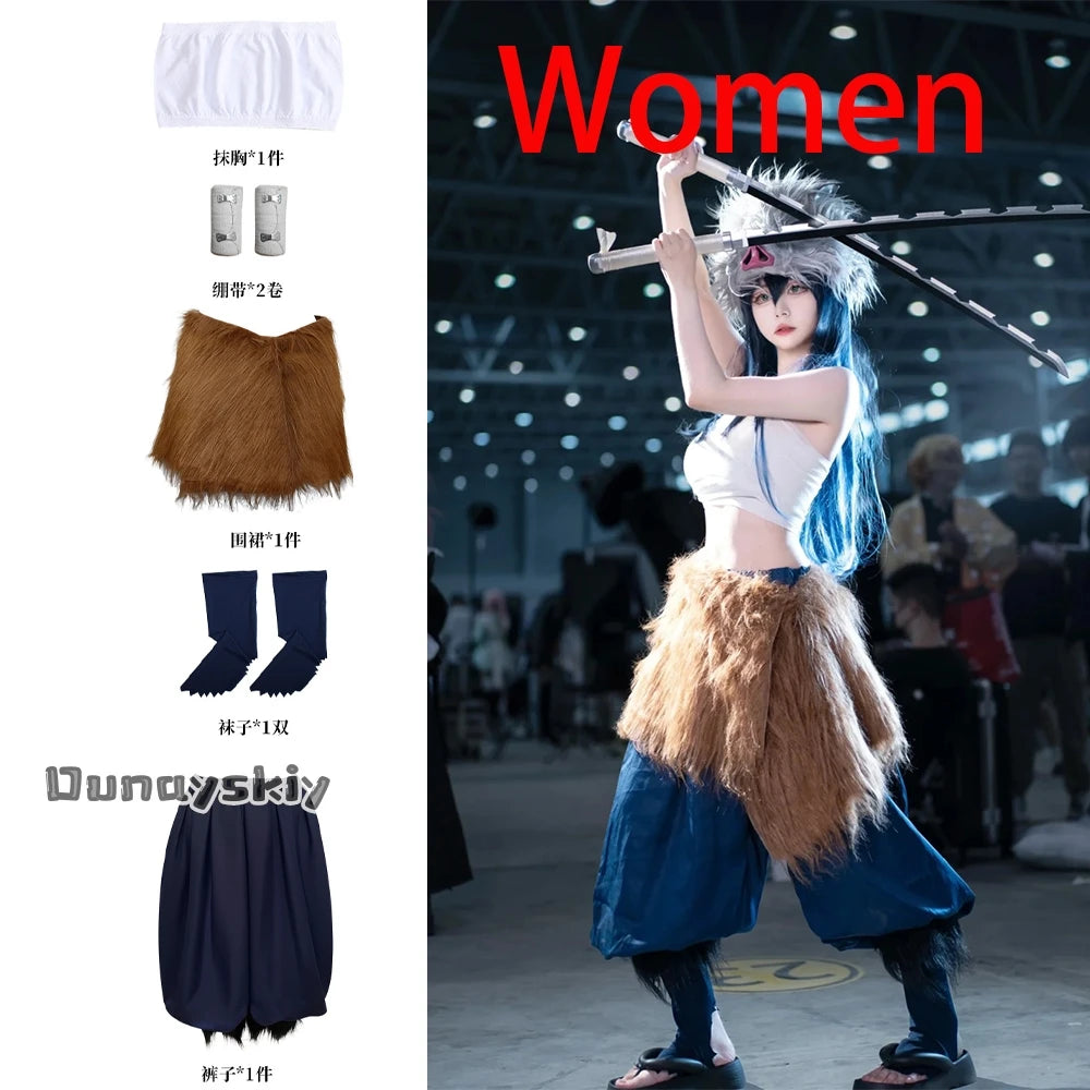 Anime Demon Slayer Hashibira Inosuke Cosplay Costume | Unisex S–L Outfit with Pig Mask for Halloween, Carnival & Comic Con