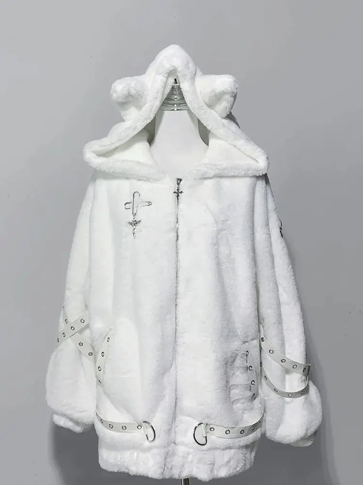 Women’s Harajuku Vintage Safari Jacket – Hooded Zip-Up Sweatshirt, Y2K Grunge Streetwear Coat with Stand Collar