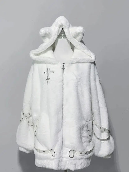 Women’s Harajuku Vintage Safari Jacket – Hooded Zip-Up Sweatshirt, Y2K Grunge Streetwear Coat with Stand Collar