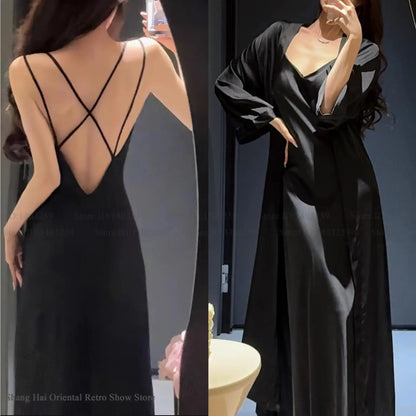 Women’s 2PCS Sleepwear Set – Backless Suspender Nightgown & Long Robe Elegant Sexy Loungewear Dress