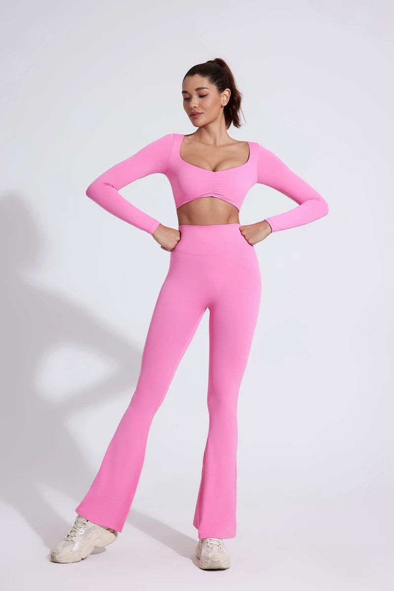 DIAS FIT JOY Pantalon de yoga évasé taille haute pour femme – Legging patte d'éléphant push-up avec poches, pantalon d'entraînement à séchage rapide pour la course, la gym, le fitness et l'exercice