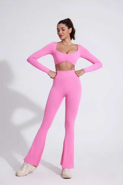DIAS FIT JOY Pantalon de yoga évasé taille haute pour femme – Legging patte d'éléphant push-up avec poches, pantalon d'entraînement à séchage rapide pour la course, la gym, le fitness et l'exercice
