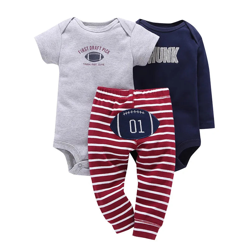 3PCS Baby Bodysuit Set – Soft Cotton Long & Short Sleeve Infant Rompers with Comfortable PP Pants for Baby Boys & Girls