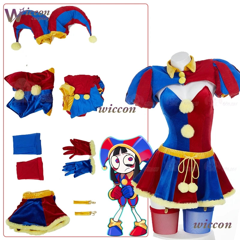 Clown Circus Cosplay Costume – Original Design Adult Set (Pomnii Wig, Hat, Velvet Skirt, Carnival/Christmas Outfit)
