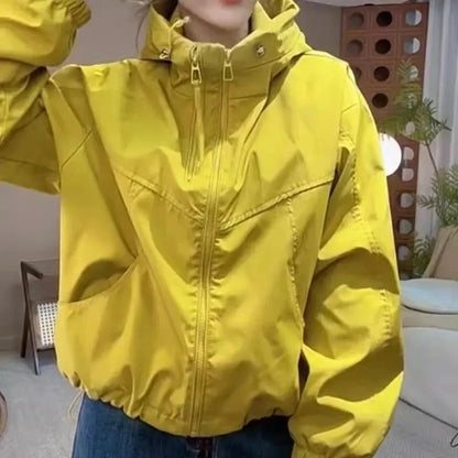 Women's Hooded Short Jacket – Double-Zipper Loose Streetwear Coat for Spring & Autumn Casual Everyday Wear