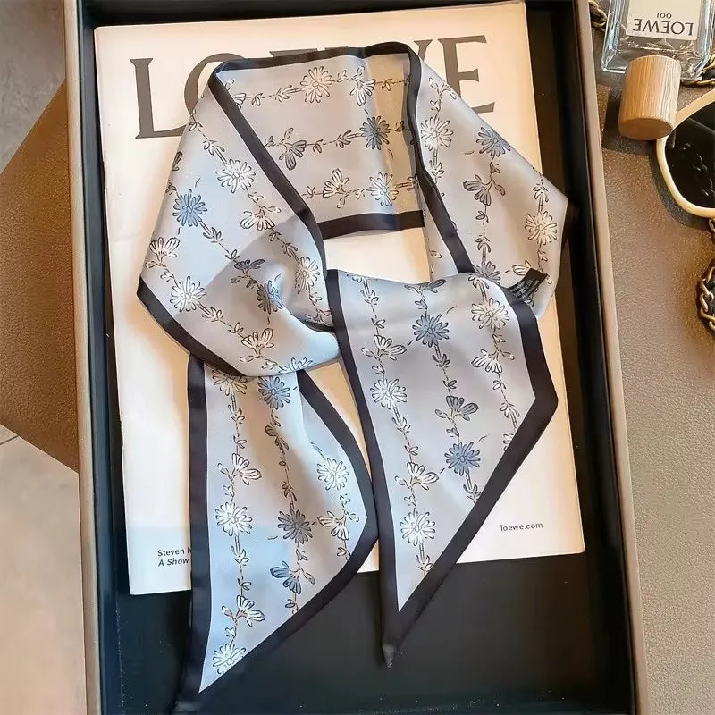 Khaki Nude Silk Scarf Hair Band – Vintage Satin Ribbon Bow Hair Accessory for Women | Elegant Fashion Hair Tie