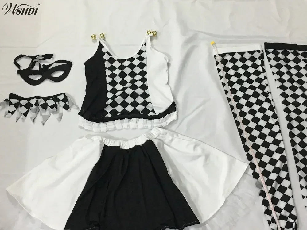 Black & White Clown Cosplay Costume – Women’s Circus Jumpsuit Set (Halloween/Carnival Masquerade Outfit)