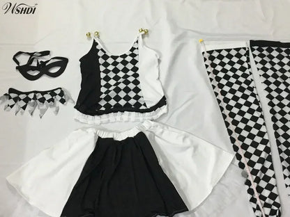Black & White Clown Cosplay Costume – Women’s Circus Jumpsuit Set (Halloween/Carnival Masquerade Outfit)