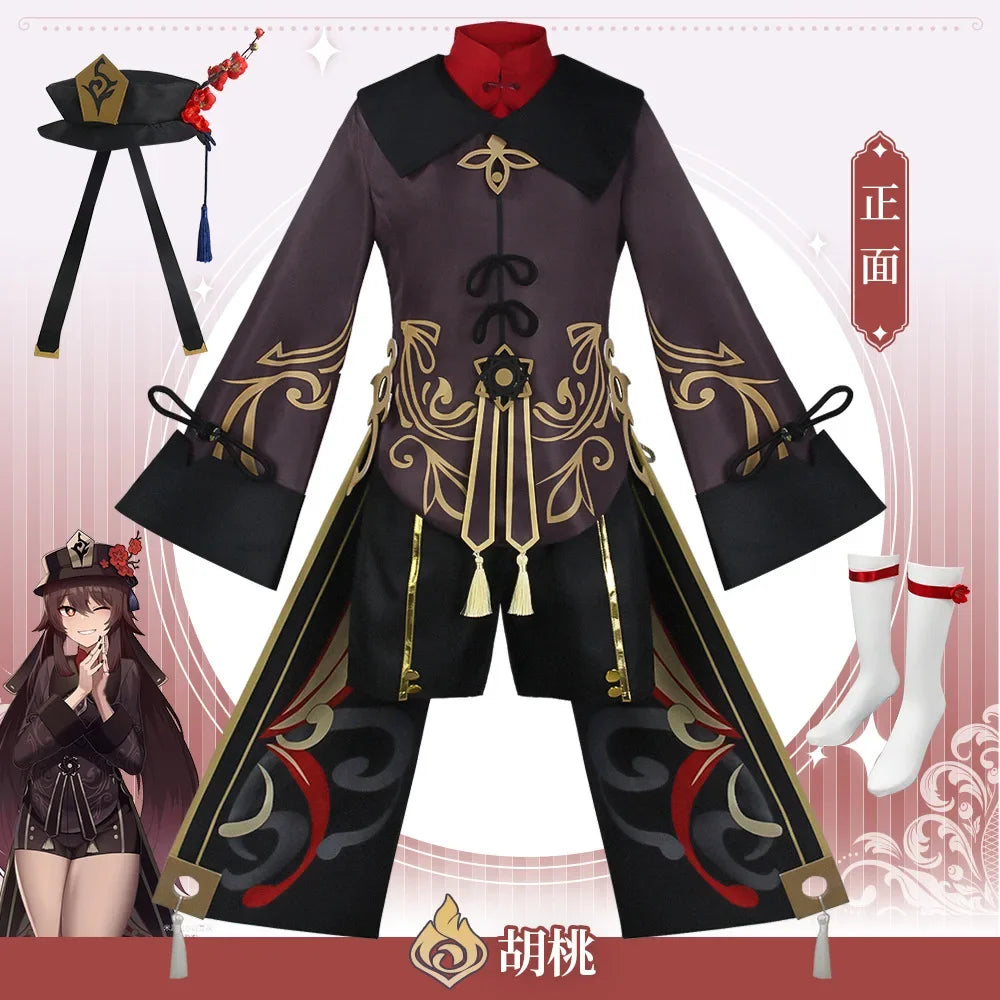 Hu Tao Cosplay Costume Uniforme, Costumes Deluxe, Robe, Chapeau, Chaussettes, Perruque, Accessoires, Bagues, Tenues Hutao