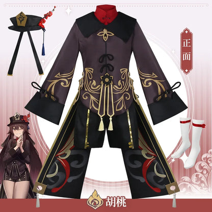 Hu Tao Cosplay Costume Uniforme, Costumes Deluxe, Robe, Chapeau, Chaussettes, Perruque, Accessoires, Bagues, Tenues Hutao