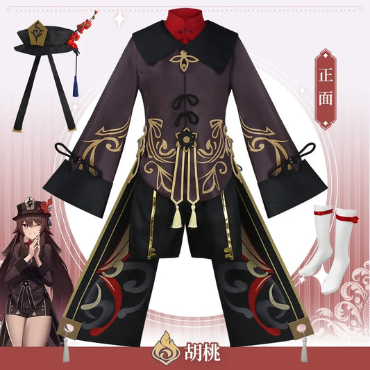 Disfraz de cosplay de Hu Tao Uniforme, Disfraces de lujo, Túnica, Sombrero, Calcetines, Peluca, Accesorios, Anillos, Atuendos de Hutao