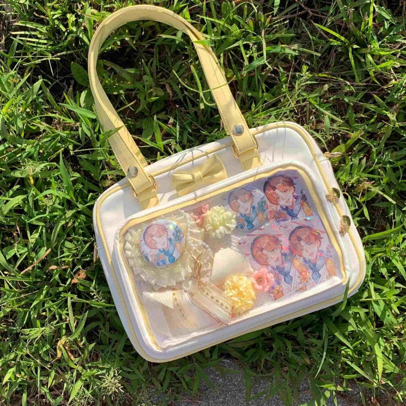 Bolso Y2K lindo con moño Ita – Bolso de hombro transparente para mujer y niña, bolso tote de exhibición de insignias DIY, bolso bandolera de moda Lolita con diseño de moño Kawaii