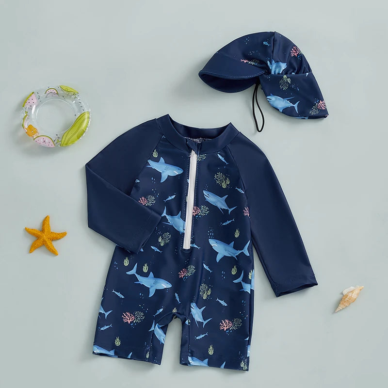 Kids Shark Print Rash Guard Swimwear Set – Long Sleeve Half Zip-Up Bathing Suit with Sun Hat, 2-Piece Toddler Boys’ Swimsuit for 0-5 Years, UV Protective Beachwear for Pool, Swimming & Summer Activities