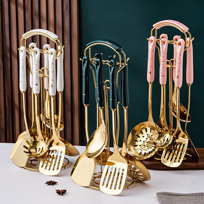 7PCS Stainless Steel Kitchen Utensil Set – Cooking Spatula & Soup Spoon with Ceramic Handles, Nordic Style Kitchenware