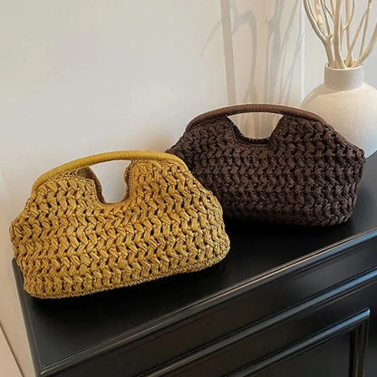 Bolso de playa de lujo de paja tejida para mujer - Bolso de mano de ratán de moda, Bolso de mano de verano para viajes, vacaciones, compras y salidas casuales, Bolso tejido a mano inspirado en el diseñador