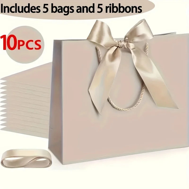 10 bolsas de regalo beige de "agradecimiento" con moños dorados – Elegantes bolsas de papel plegables para compras para recuerdos de bodas, regalos de fiestas y eventos