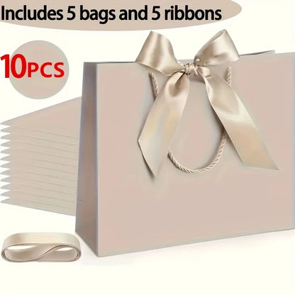 10 bolsas de regalo beige de "agradecimiento" con moños dorados – Elegantes bolsas de papel plegables para compras para recuerdos de bodas, regalos de fiestas y eventos