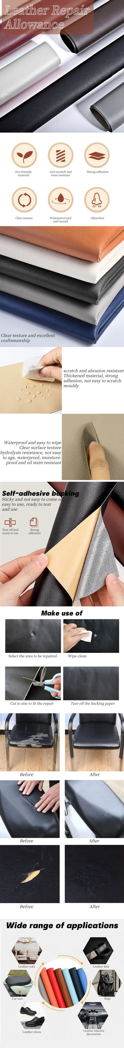 Cinta de reparación de cuero PU impermeable de 50x137cm para sofá, asientos de coche, sillas y muebles