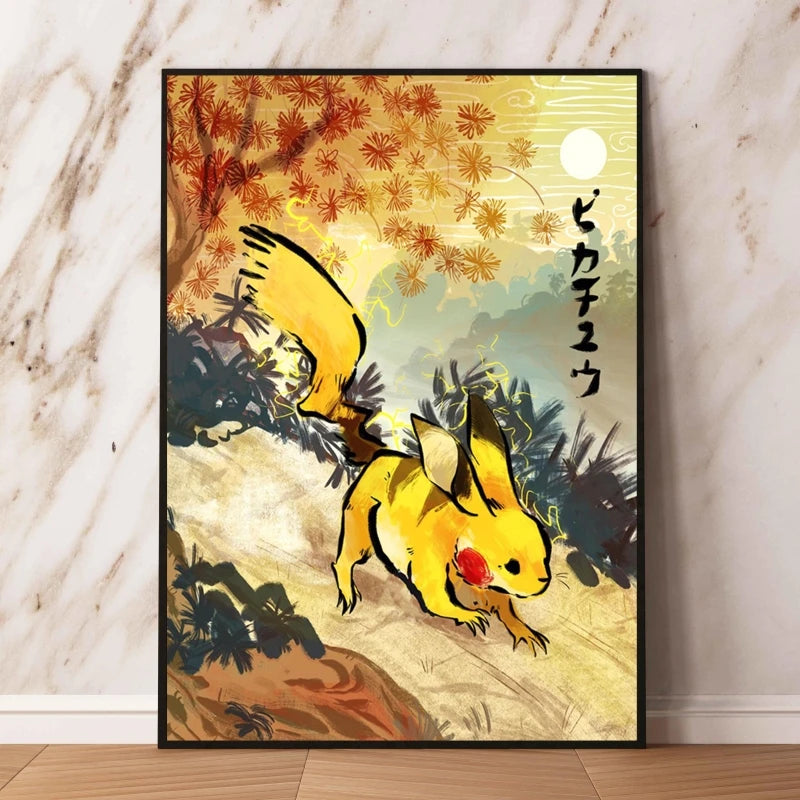 Japanese Anime Pokémon Canvas Wall Art – Pikachu, Charmander & Eevee Watercolor Poster Print Home Decor