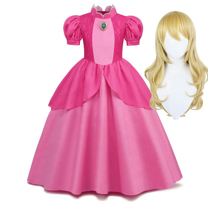 Princess Peach Cosplay Dress – Bubble Sleeve Princess Costume for Kids, Summer Halloween & Christmas Party Outfit