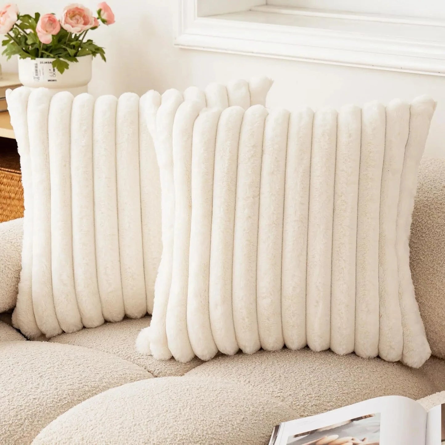 Faux Rabbit Fur Throw Pillow Cover - Ultra Soft Striped Decorative Cushion Cover for Sofa, Bed & Living Room (40x40 & 45x45 cm)