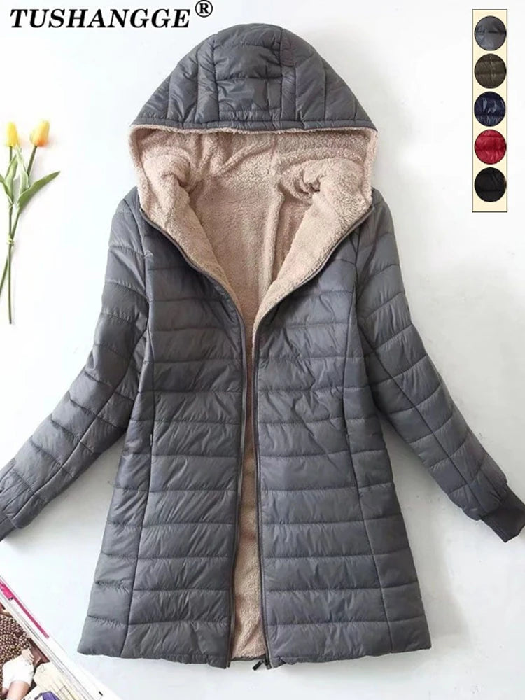 Women’s Korean-Style Mid-Length Hooded Coat – Warm Cotton Parka with Lamb Fleece, Casual Office Jacket for Autumn & Winter