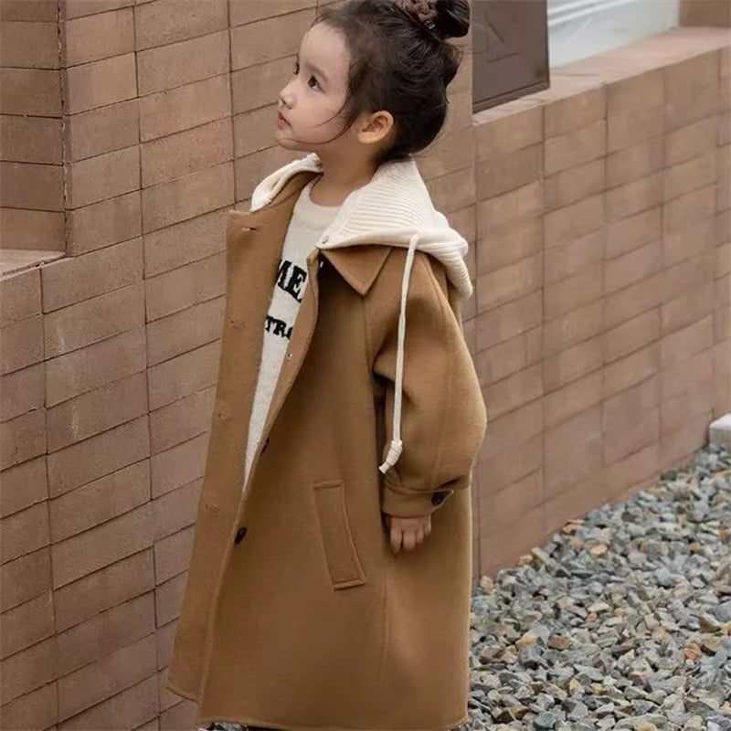 Girls Tweed Jacket, Medium-Length Hooded Coat for Kids, Warm Single-Breasted Autumn and Spring Overcoat, Casual Windbreaker Outerwear