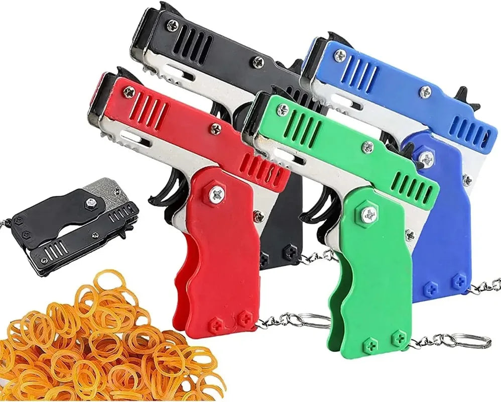 Llavero de pistola de goma de metal - Mini pistola de juguete de aleación con 60 gomas elásticas para juegos al aire libre, diversión en fiestas y regalos
