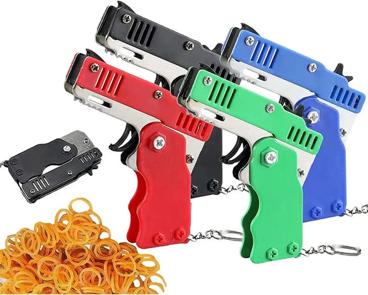 Llavero de pistola de goma de metal - Mini pistola de juguete de aleación con 60 gomas elásticas para juegos al aire libre, diversión en fiestas y regalos