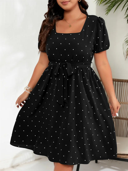 GIBSIE Plus Size Women's Polka Dot Dress – Elegant Square Neck Belted Puff Sleeve A-Line Swing Dress for Summer