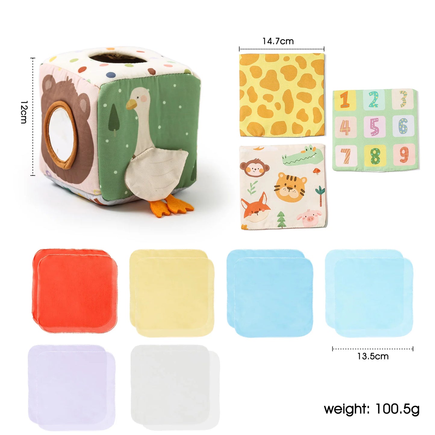 Soft Baby Tissue Box Cloth Book – Plush Sensory Security Blanket Cube with Crinkle Sounds & Mirror, Fine Motor Activity Toy, 9 Styles