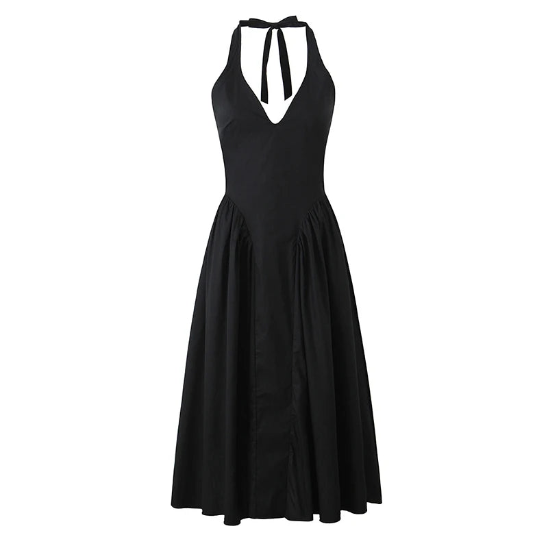 YENKYE Women’s Sexy Backless Green Halter Midi Dress Elegant Low Waist A-Line Cotton Summer Evening Party Robe