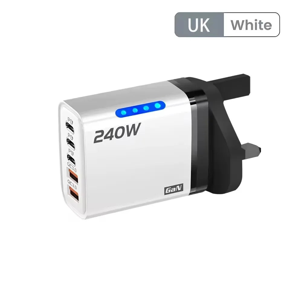 5-in-1 240W GaN Desktop Charger – 3PD + 2USB Fast Charging Adapter with 10A USB-C Cable for iPhone 17/16 Pro, Samsung & Laptops