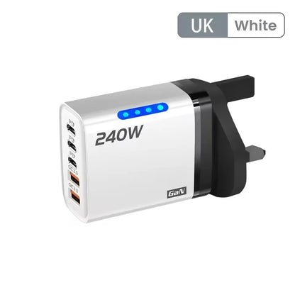 5-in-1 240W GaN Desktop Charger – 3PD + 2USB Fast Charging Adapter with 10A USB-C Cable for iPhone 17/16 Pro, Samsung & Laptops