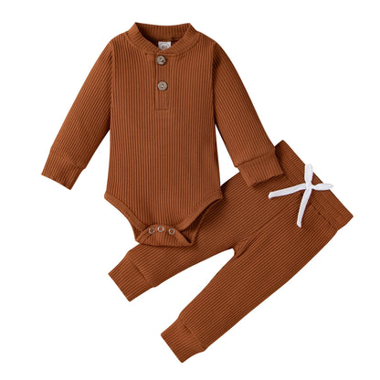 Conjunto de ropa para bebé recién nacido – Body de manga larga acanalado y a cuadros con pantalones elásticos, conjunto de 2 piezas de primavera y otoño para bebés y niñas, conjunto de ropa suave e informal para niños pequeños