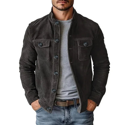 Men’s Vintage Brown Faux Suede Jacket – Stand Collar Button-Up Coat with Chest Pockets, Slim-Fit Casual Streetwear Outerwear