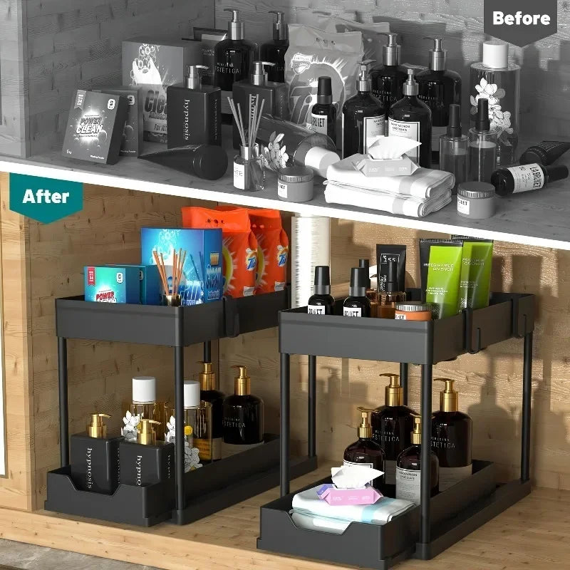 2-Tier Kitchen Sink Organizer – Sliding Cabinet Basket with Hooks & Cups for Space-Saving Storage