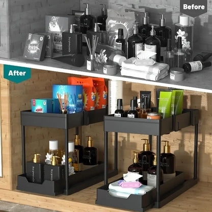 2-Tier Kitchen Sink Organizer – Sliding Cabinet Basket with Hooks & Cups for Space-Saving Storage