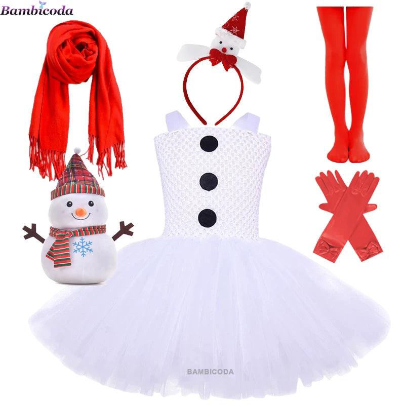 Girls Snowman Cosplay Costume – Fancy Tutu Dress for Stage Shows, Parties, Carnival & Halloween, Ages 3–10Y