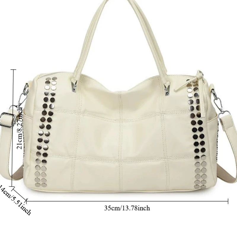 Women’s Retro Rivet Tote Bag – 2026 Fashion Motorcycle Handbag, Large Capacity PU Shoulder Bag with Detachable Strap, Vintage Style Purse for Daily Commuting, Travel & Casual Outfits