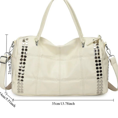 Women’s Retro Rivet Tote Bag – 2026 Fashion Motorcycle Handbag, Large Capacity PU Shoulder Bag with Detachable Strap, Vintage Style Purse for Daily Commuting, Travel & Casual Outfits