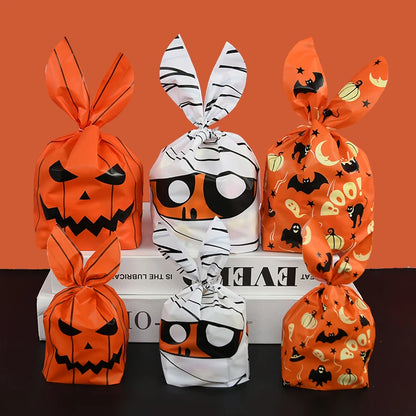 25/50PCS Halloween Candy Bags – Rabbit Ear Pumpkin Plastic Treat Bags for Candy, Cookies & Desserts, DIY Packaging for Kids’ Halloween Parties