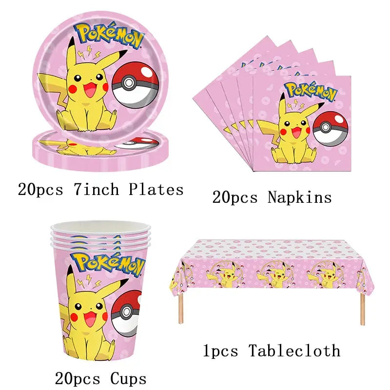 Pokémon Theme Birthday Party Decorations – Cartoon Pokémon Go Tableware Set (Cups, Plates & Pikachu Balloons) for Baby Shower & Party Favors