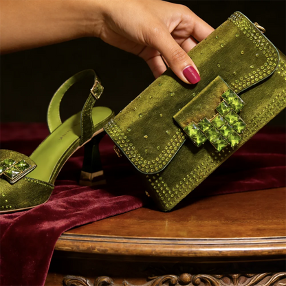 Women’s Olive Green Rhinestone Heels & Matching Bag Set – Italian-Inspired Pointed Toe High Heels for Parties, Weddings & Special Occasions