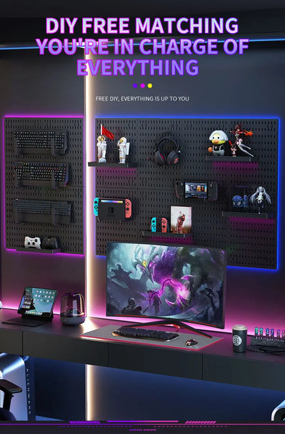 Organizador de pared de tablero perforado sin taladros – Panel de almacenamiento modular con estantes y accesorios para cocina, baño y sala de juegos