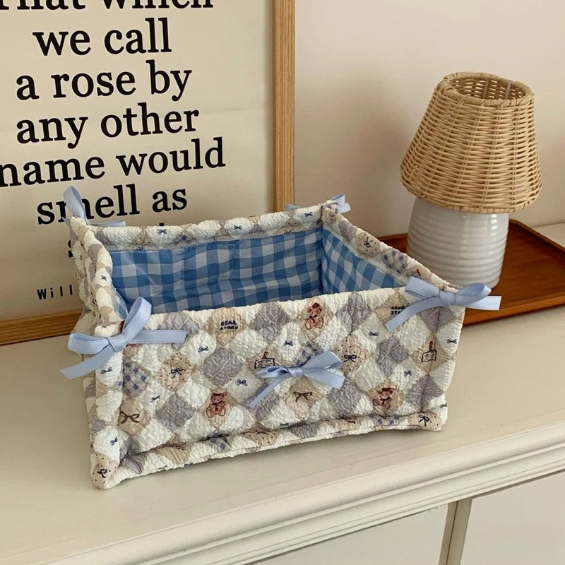 Cute Quilted Lace Storage Basket – Korean Desktop Organizer Bin for Cosmetics, Toys, Sundries & Home Décor