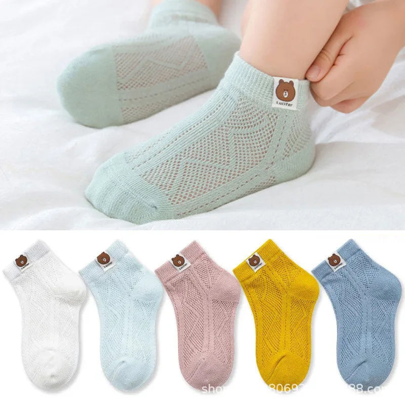 5 Pairs Kids Summer Cotton Mesh Socks Cute Cartoon Dinosaur & Bear Short Socks for Boys & Girls
